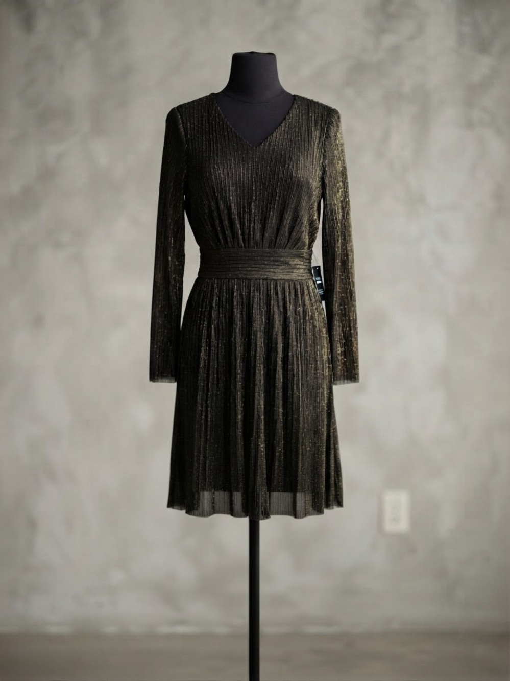 Express Shimmery Black Pleated V-Neck Long Sleeve Dress